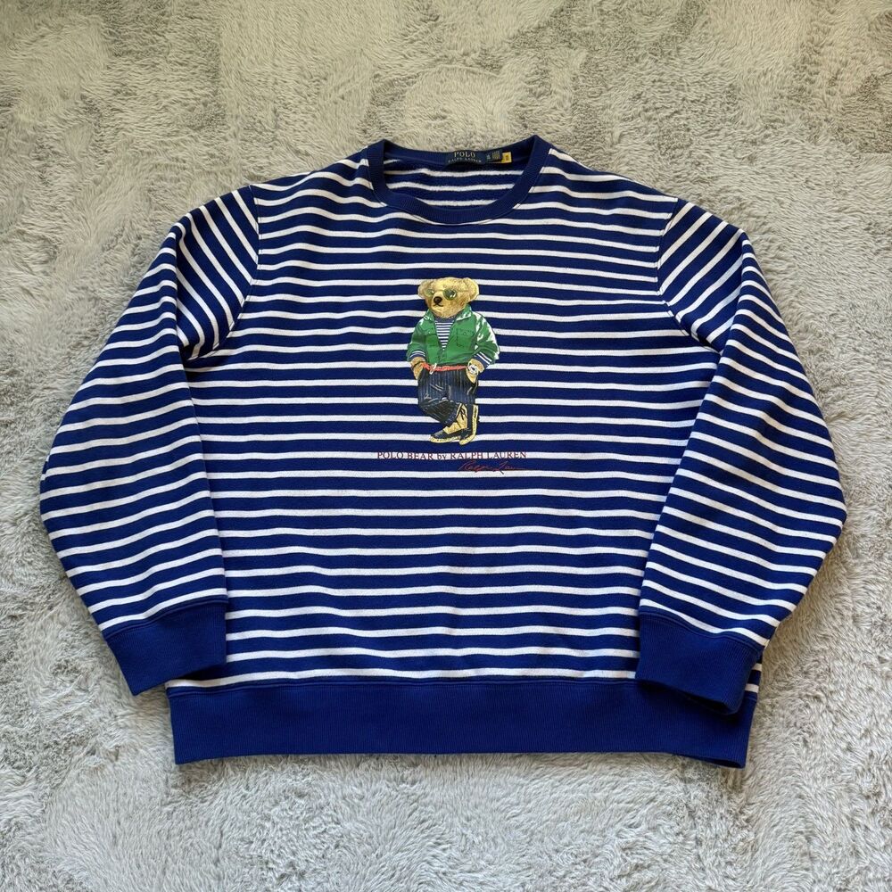 POLO RALPH LAUREN STRIPED FLEECE POLO BEAR CREWNECK SWEATSHIRT XL BLUE